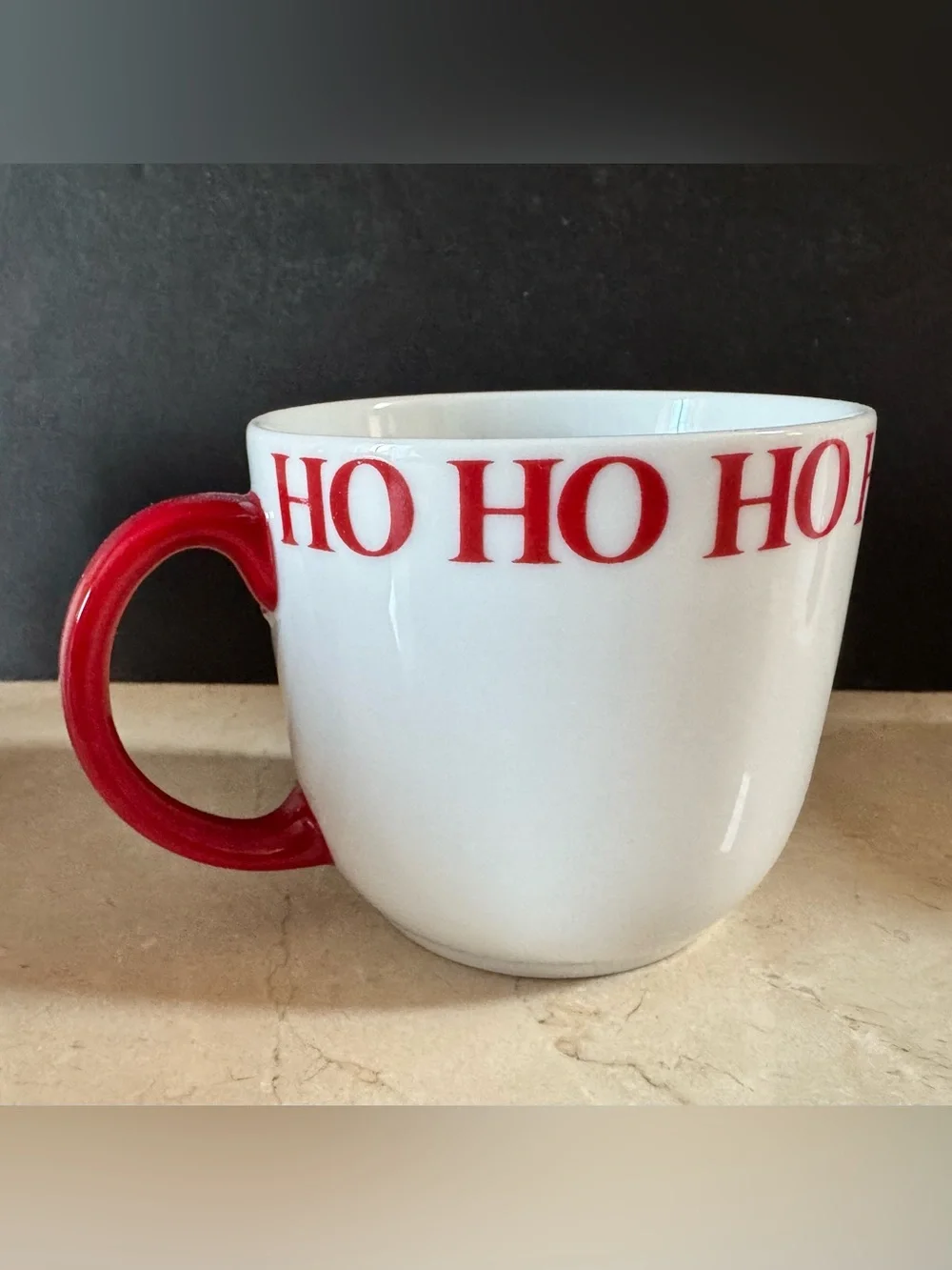 (Set/6) Crate & Barrel Ceramic HO HO HO White Holiday Mugs w/Red Handles